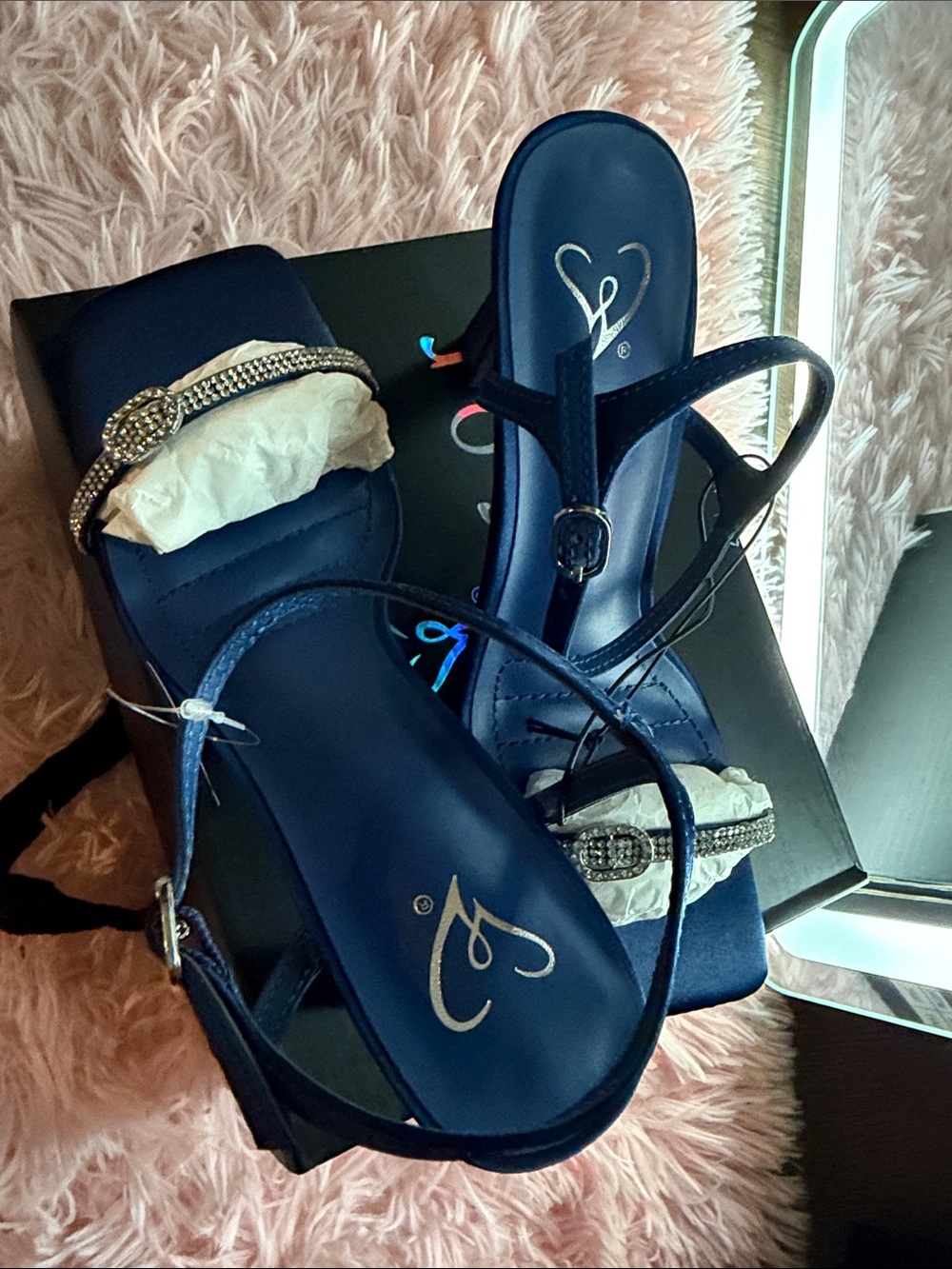 Windsor Navy Blue Rhinestone Strap Heeled Sandals - Picture 2 of 3